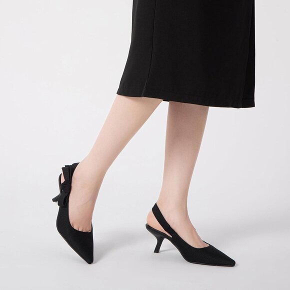 🆕Women's Sling back Kitten Heels Closed Pointed Toe Bowknot Pumps Black Fabric - Picture 5 of 6